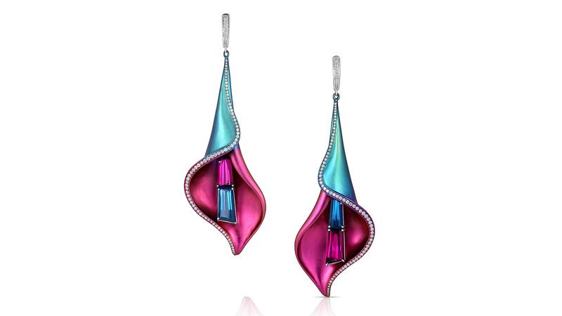 The “Callara” earrings featuring 4.46 carats of blue tourmaline and 6.15 carats of purple garnet in 14-karat white gold and diamonds in purple and blue anodized titanium Adam Neeley Dalí’s Garden Callara Earrings